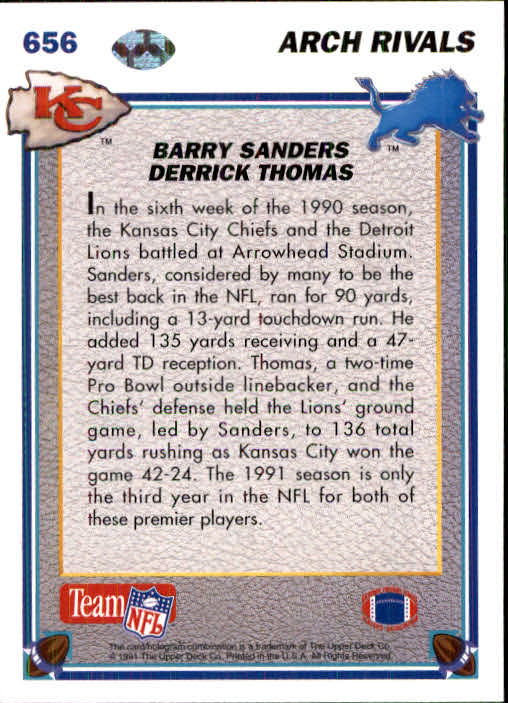 1991 Upper Deck #656 Barry Sanders AR/Derrick Thomas back image