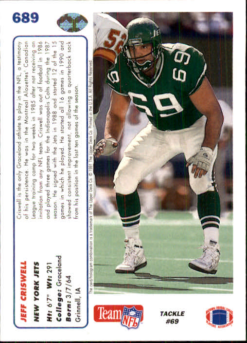 1991 Upper Deck #689 Jeff Criswell back image