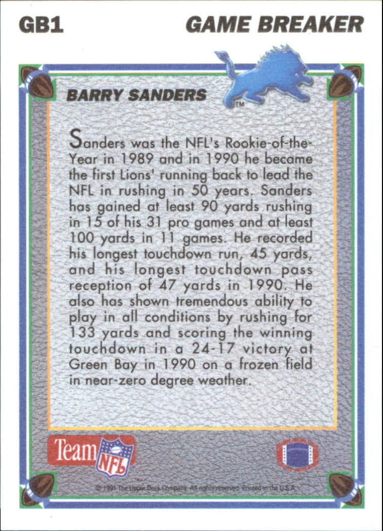 1991 Upper Deck Game Breaker Holograms #GB1 Barry Sanders back image