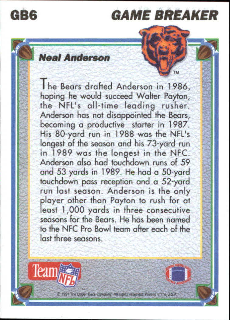 1991 Upper Deck Game Breaker Holograms #GB6 Neal Anderson back image