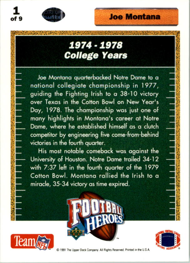 1991 Upper Deck Joe Montana Heroes #1 Joe Montana/1974-78 College Years back image