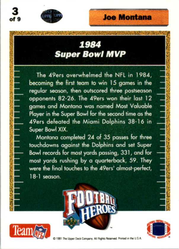 1991 Upper Deck Joe Montana Heroes #3 Joe Montana/1984 Super Bowl MVP back image