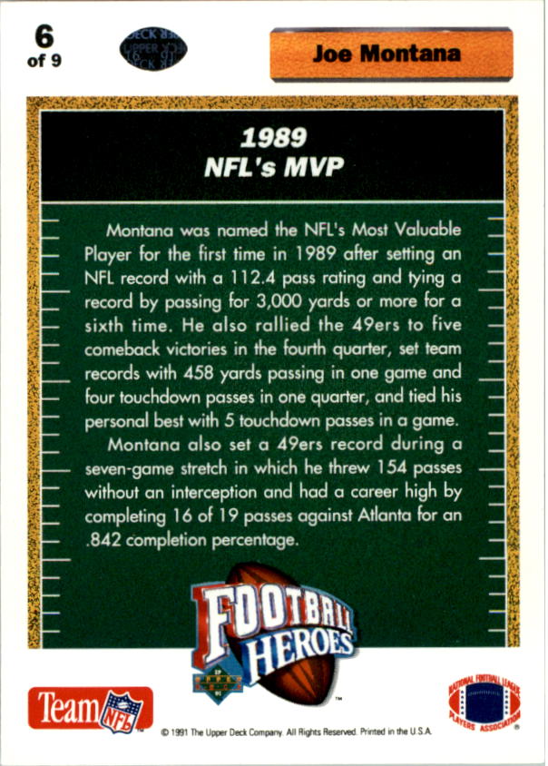 1991 Upper Deck Joe Montana Heroes #6 Joe Montana/1989 NFL's MVP back image