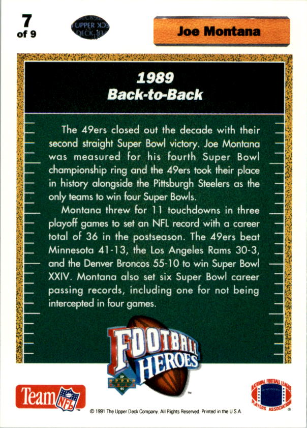 1991 Upper Deck Joe Montana Heroes #7 Joe Montana/1989 Back-to-Back back image