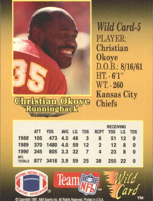 1991 Wild Card #5 Christian Okoye back image