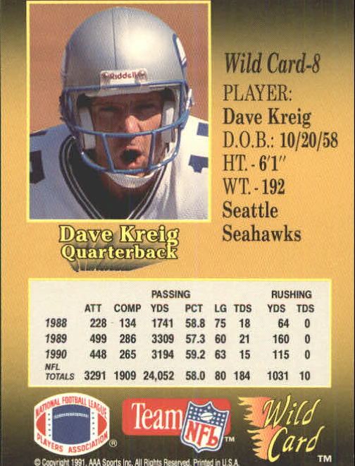1991 Wild Card #8 Dave Krieg back image