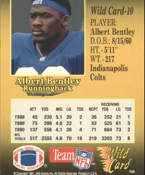 1991 Wild Card #10 Albert Bentley back image