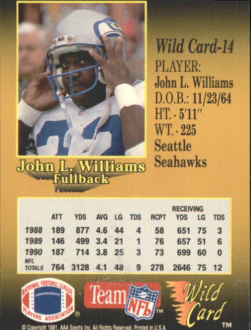 1991 Wild Card #14 John L. Williams back image