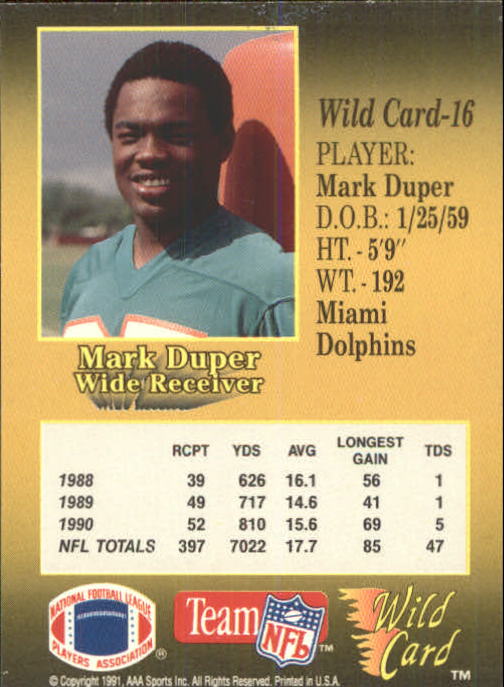1991 Wild Card #16 Mark Duper back image