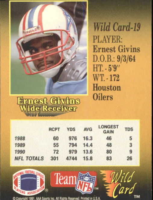 1991 Wild Card #19 Ernest Givins back image