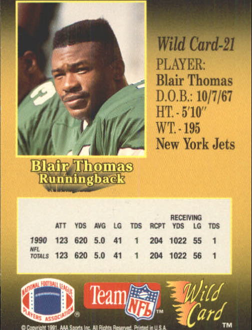 1991 Wild Card #21 Blair Thomas back image