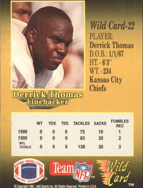 1991 Wild Card #22 Derrick Thomas back image