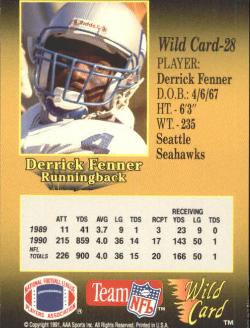 1991 Wild Card #28 Derrick Fenner back image