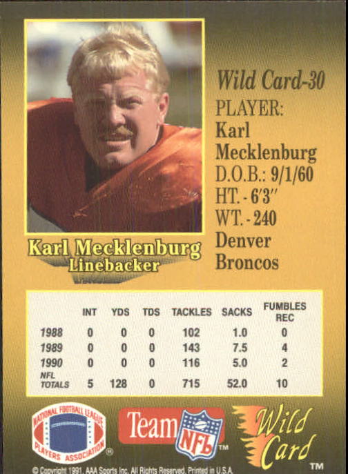 1991 Wild Card #30 Karl Mecklenburg back image