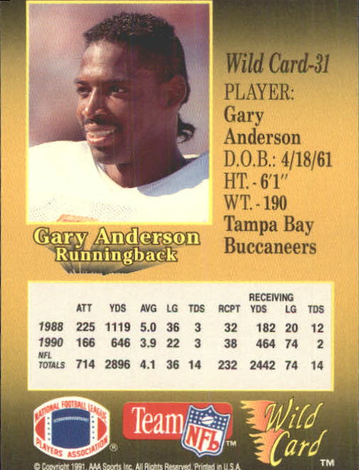 1991 Wild Card #31 Gary Anderson RB back image