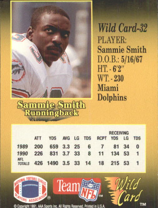 1991 Wild Card #32 Sammie Smith back image