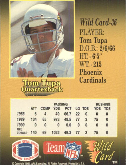 1991 Wild Card #36 Tom Tupa back image