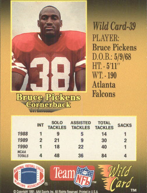 1991 Wild Card #39 Bruce Pickens RC back image