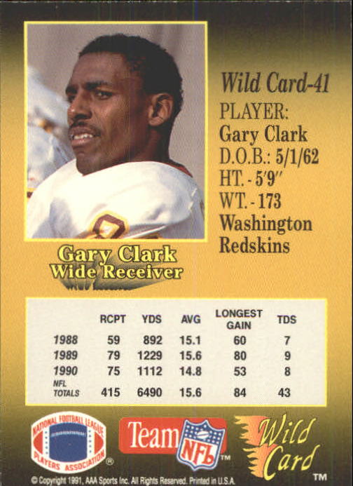 1991 Wild Card #41 Gary Clark back image