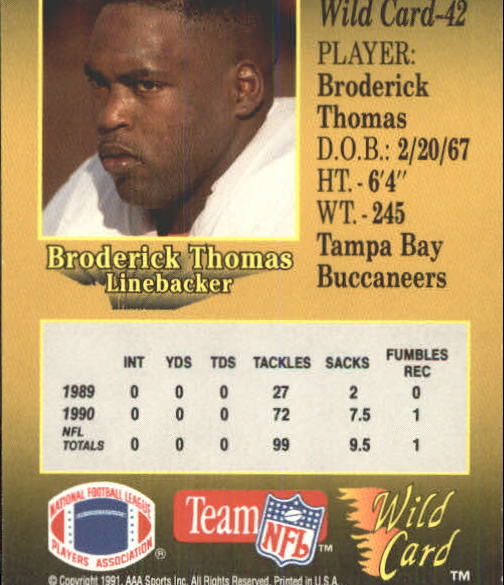 1991 Wild Card #42 Broderick Thomas back image