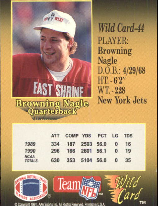 1991 Wild Card #44 Browning Nagle RC back image