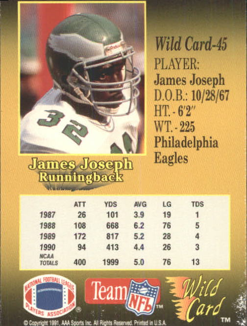 1991 Wild Card #45 James Joseph RC back image