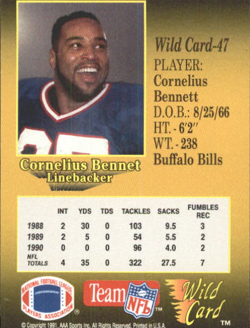 1991 Wild Card #47 Cornelius Bennett back image