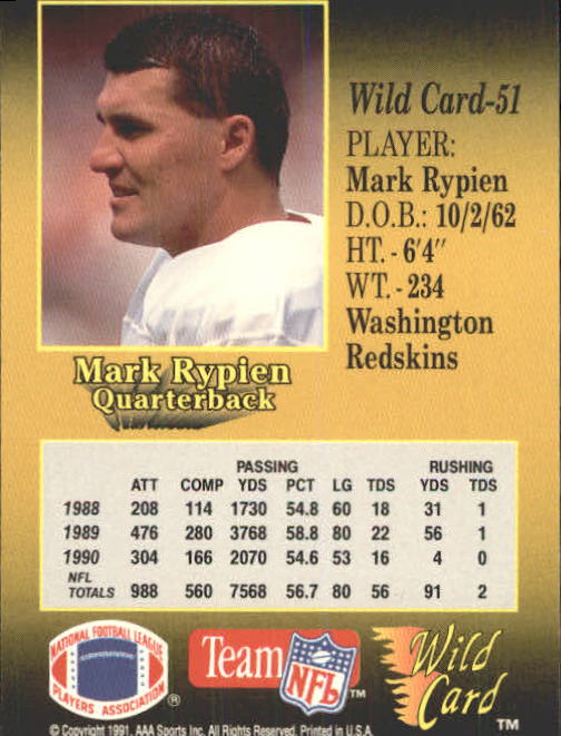 1991 Wild Card #51 Mark Rypien back image