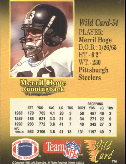 1991 Wild Card #54 Merril Hoge back image