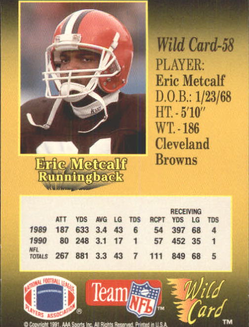 1991 Wild Card #58 Eric Metcalf back image