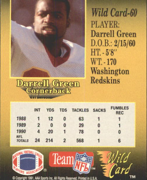 1991 Wild Card #60 Darrell Green back image