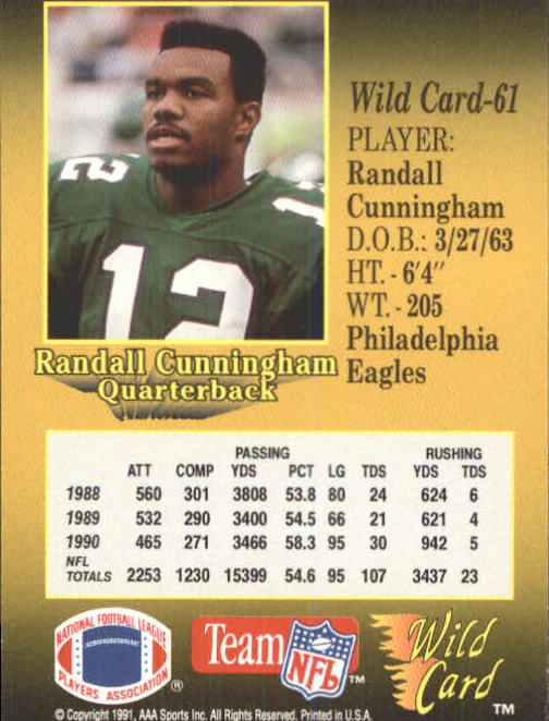 1991 Wild Card #61 Randall Cunningham back image