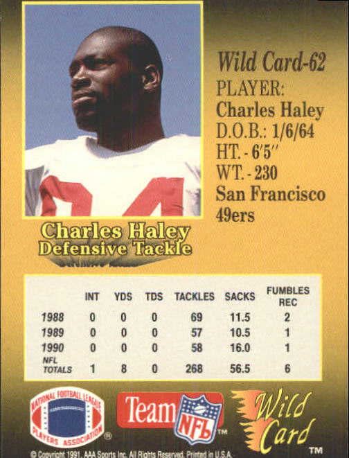 1991 Wild Card #62 Charles Haley back image