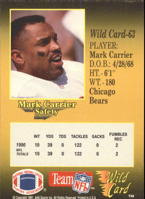 1991 Wild Card #63 Mark Carrier DB back image