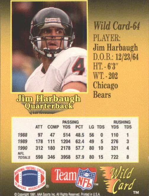 1991 Wild Card #64 Jim Harbaugh back image