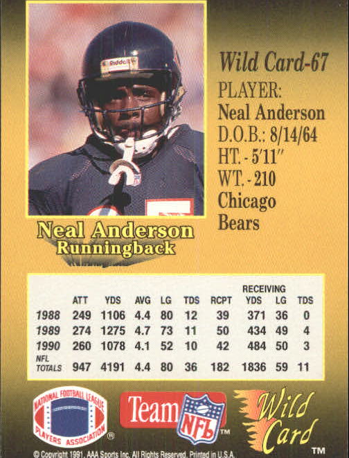 1991 Wild Card #67 Neal Anderson back image