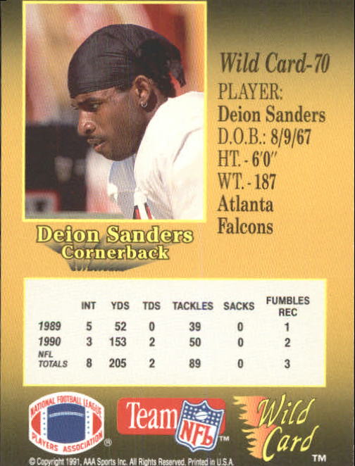 1991 Wild Card #70 Deion Sanders back image