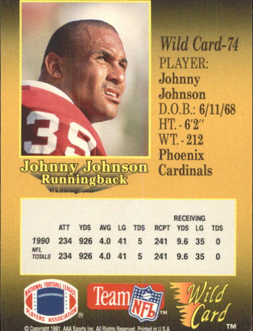 1991 Wild Card #74 Johnny Johnson back image