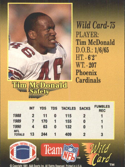 1991 Wild Card #75 Tim McDonald back image