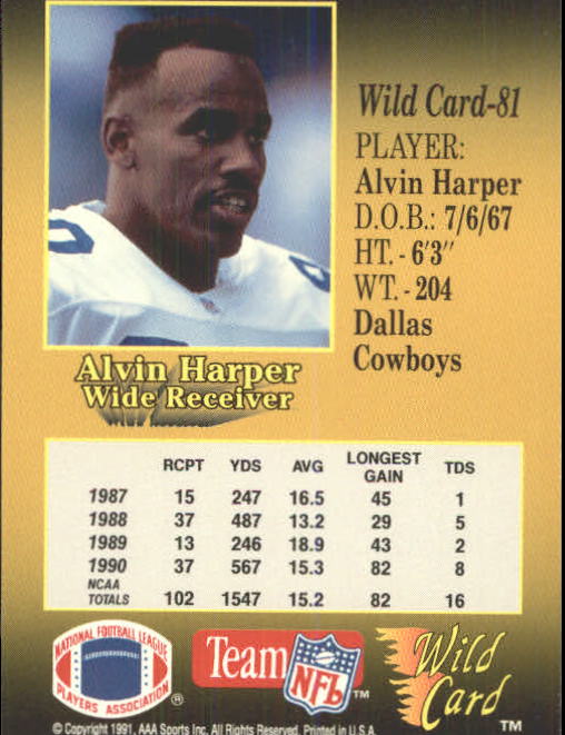 1991 Wild Card #81 Alvin Harper RC back image