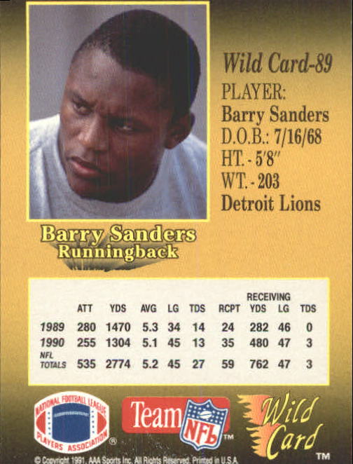 1991 Wild Card #89 Barry Sanders back image