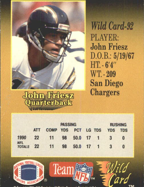 1991 Wild Card #92 John Friesz back image