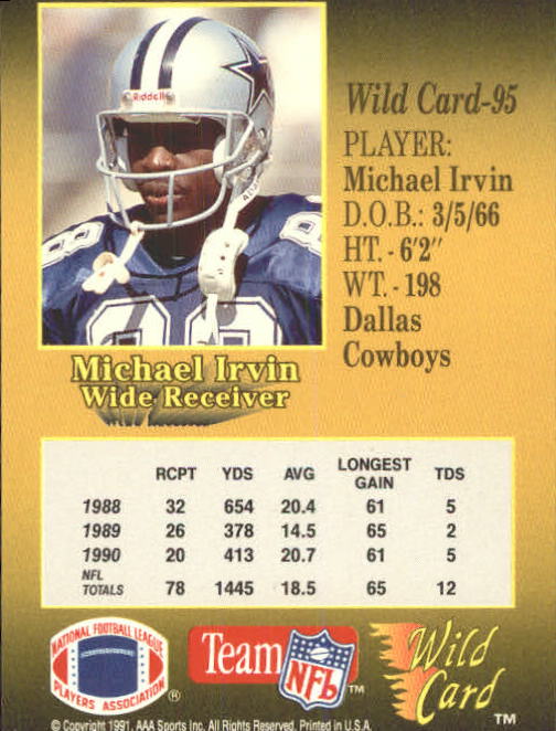 1991 Wild Card #95 Michael Irvin back image