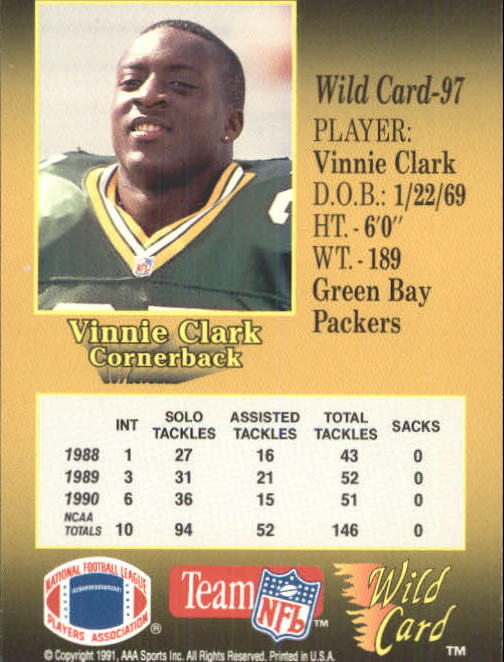 1991 Wild Card #97 Vinnie Clark RC back image