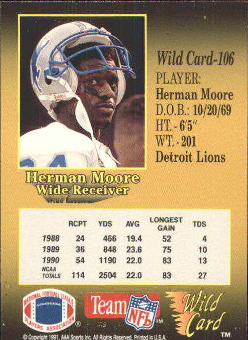 1991 Wild Card #106 Herman Moore RC back image