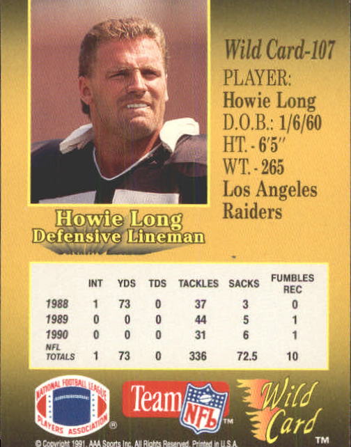 1991 Wild Card #107 Howie Long back image