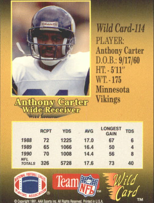 1991 Wild Card #114 Anthony Carter back image