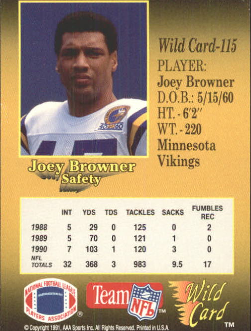 1991 Wild Card #115 Joey Browner back image