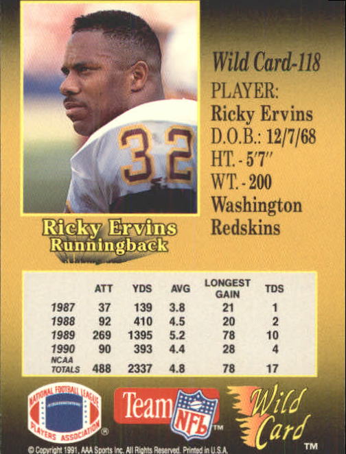 1991 Wild Card #118 Ricky Ervins RC back image