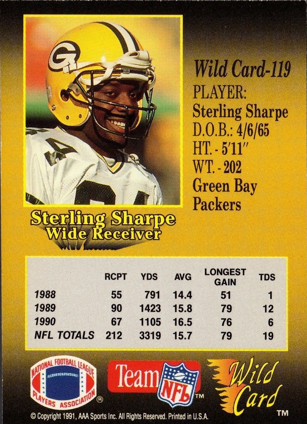 1991 Wild Card #119 Sterling Sharpe back image